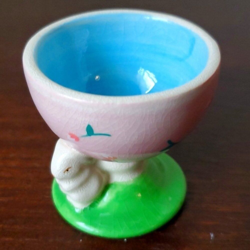 Vintage Ceramic Easter Bunny Egg Cup Holder Floral Pink Blue Spring Decor